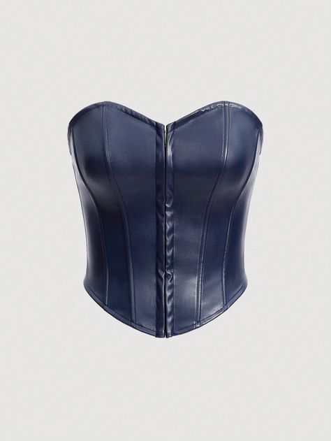 Navy Blue Party Collar Sleeveless PU Leather Plain  Embellished Non-Stretch  Women Clothing Blue Leather Outfit, Dark Blue Corset, Navy Blue Corset, Navy Corset, Button Corset, Hades Daughter, Blue Corset Top, Navy Blue Party, Modern Corset