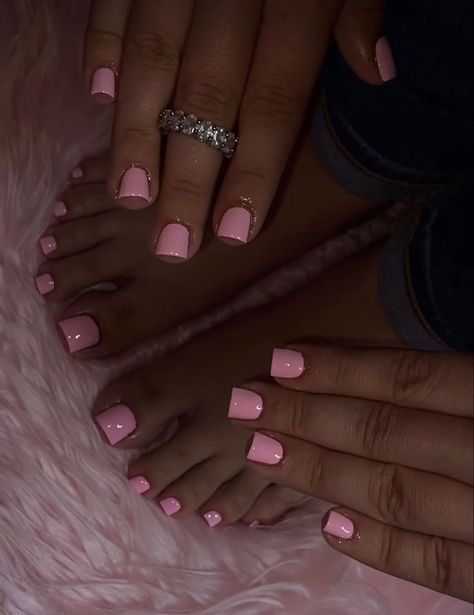 Nails And Feet Set Pink, Plain Pedicure Ideas, Bubblegum Pink Square Nails, Acrylic Full Set Nails, Work Friendly Nails, Classiest Nails, Hand And Toe Nails Matching, Real Nails Painted, Nails And Toes Set