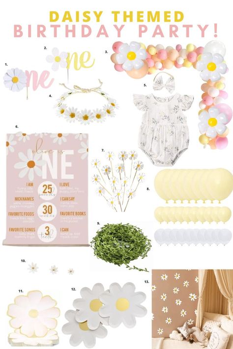 Daisy birthday party Daisy Theme 2nd Birthday, 2023 Birthday Theme Ideas, Onederful Birthday Daisy, Daisy Onederful Birthday, Daisy Birthday Food Ideas, Daisy First Birthday Theme Food, Daisy Flower Theme Birthday Party, Boho Daisy First Birthday Theme, Retro Daisy Birthday Party