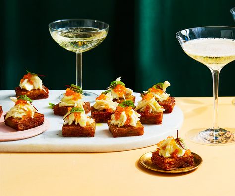 Potato rosti with crab and salmon rose | Gourmet Traveller Savoury Party Food, Chicken Liver Mousse, Potato Rosti, Salmon Roe, Grated Potato, Bar Food, Chicken Livers, Get The Party Started, Dip Recipes