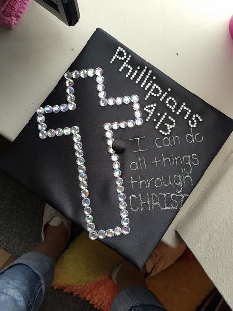 Phillipians 4:13 Graduation Cap Cross Graduation Cap, Graduation Cap Decoration Diy, College Graduation Cap Decoration, Grad Cap Designs, Christian Quotes Wallpaper, Comforting Bible Verses, Bible Doodling, Grad Caps, Cap Decoration