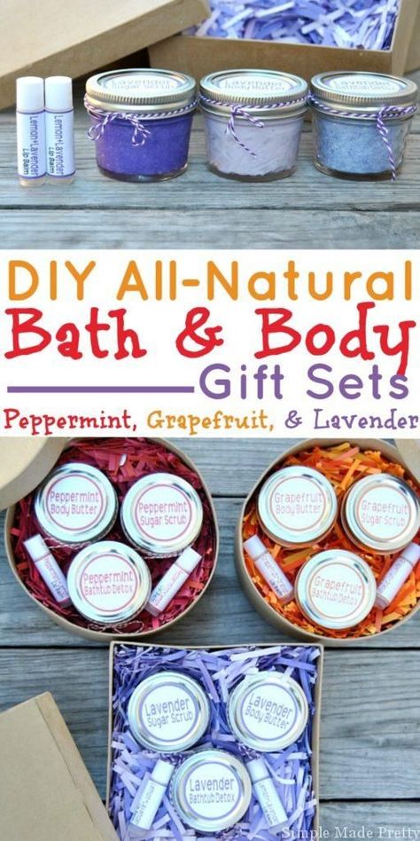 These 3 easy DIY all-natural bath and body gift sets are made with essential oils and all-natural ingredients. If you like making handmade gifts or use essential oils (or are thinking about using them) keep reading for how to make an all-natural beauty products gift set to give to loved ones (perfect for holiday gifts too!). Download the free printable labels to create an easy handmade gift for the ladies in your life! Grapefruit bath tub detox, grapefruit sugar scrub, grapefruit body butter... Easy Handmade Gifts, Beauty Products Gifts, Essential Oils Gifts, Makeup Easy, Homemade Lotion, Labels Printables Free, Oil Gifts, Beauty Diy, Homemade Bath Products