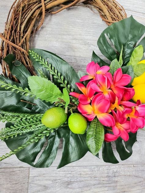 Paradise Glam, tropical wreath, tropical summer decor, coastal wreath, summer beach wreath, coastal decor, beach decor, front door wreath Tropical Wreaths For Front Door, Tropical Porch, Tropical Wreaths, Island Style Decor, Monstera Decor, Hawaiian Wreath, Tropical Doors, Pink Coastal, Hawaii Christmas