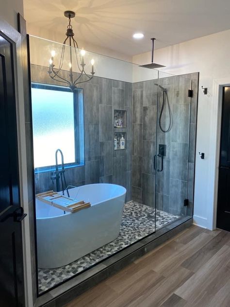 Restroom Remodel Ideas Shower And Tub, Shower Room With Tub Walk In, Shower Tub Combination Walk In, Shower And Soaker Tub Combo, Master Bath Wet Room Farmhouse, Bath In The Shower Area, Showers With Bathtubs Inside, Free Standing Bath Tub Shower Combo Small Bathroom, Wet Room Bathroom With Window