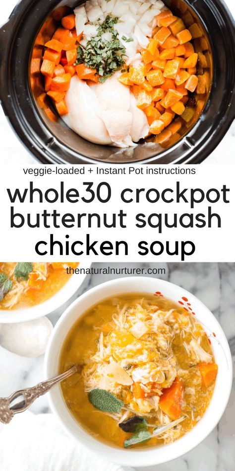 This Whole30 crockpot butternut squash chicken stew is easy to throw together, hearty, full of flavor and loaded with veggies. Family-friendly, Paleo, gluten free and dairy-free. #healthyslowcooker #januarywhole30 #whole30crockpot #slowcookersoup #healthydinner #veggieloaded #healthycrockpot #crockpotsoup Paleo Running Momma Soup, Fancy Paleo Dinner Recipes, Whole 30 Recipes Slow Cooker, Slow Cooker Whole 30, Chicken Butternut Squash Stew, Slow Cooker Paleo Recipes, Crockpot Whole 30, Dairy Free Slow Cooker Recipes, Paleo Slow Cooker Chicken