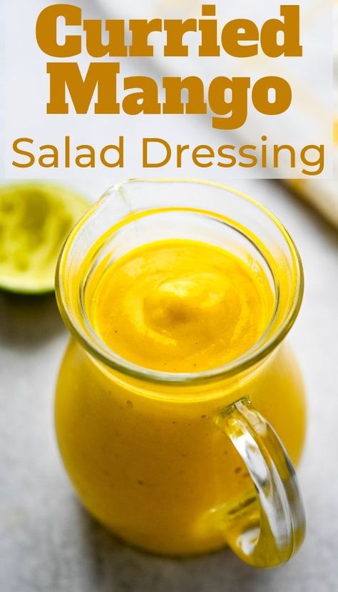 Creamy and lush, this Curried Mango Salad Dressing comes together in 5 minutes. This easy mango sauce goes great on salads or with grilled meat and seafood. #mangorecipes #saladdressingrecipes Sauce For Grilled Chicken, Salsa Dressing, Mango Salad Dressing, Mango Dressing, Mango Curry, Green Smoothie Cleanse, Kids Juice, Mango Sauce, Green Detox Smoothie