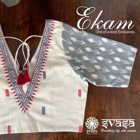 Svasa on Instagram: “SVASA EKAM Looking for some respite from the heat? Pick this cool grey and white pure ikat cotton blouse. Woven motifs, a touch of…” Ikkat Cotton Blouse Patterns, Model Blouses, Print Blouse Design, Cotton Blouse Pattern, Ikat Blouse Designs, Threadwork Embroidery, Ikat Blouse, Kalamkari Blouse, Cotton Saree Blouse Designs