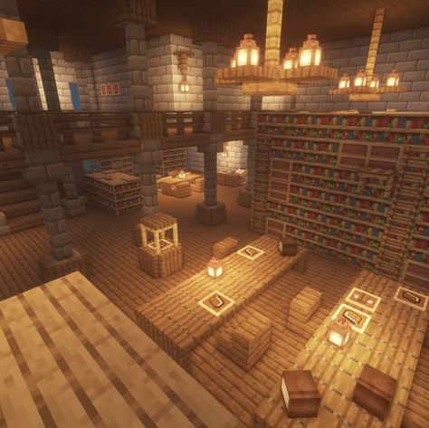 Minecraft Cute Town Ideas, Library Minecraft Ideas Outside, Minecraft Railing Ideas, Minecraft Dining Hall, Library Minecraft Build, Minecraft Inside House, Minecraft Medieval Library, Minecraft House Inside, Minecraft Library Interior