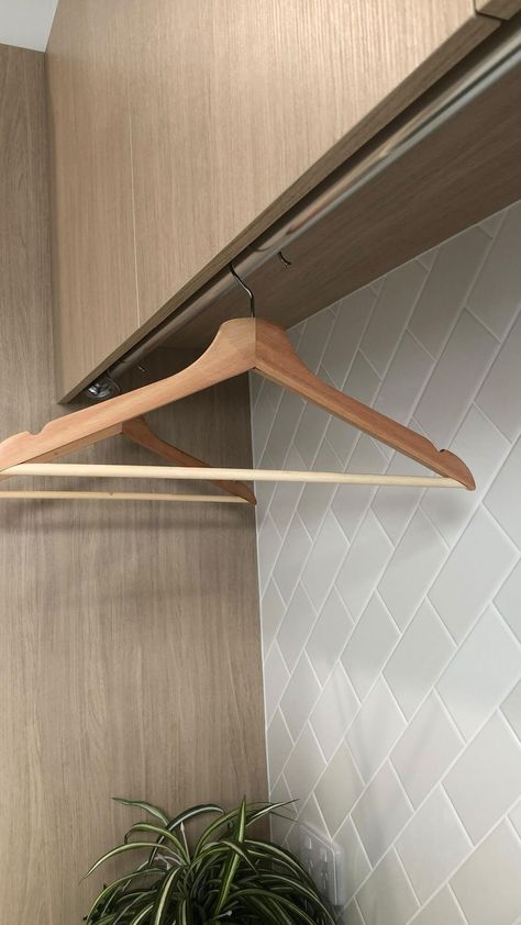 Hanging Clothes Line In Laundry Room, Laundry Rail Hanging Clothes, Laundry Hanging Rod Ideas, Bathroom Clothes Drying Rack, Small Laundry With Hanging Rail, Hidden Hanging Rail Laundry, Hanging Rail Laundry, Laundry With Hanging Rail, Laundry Room Drying Rod