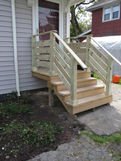 Updated front porch! Whoop. Outdoor Entry Stairs, Wooden Railings For Stairs Outdoor, Front Step Railing, Diy Porch Railing, Build Porch, Porch Step Railing, Front Porch Stairs, Porch Handrails, Deck Stair Railing