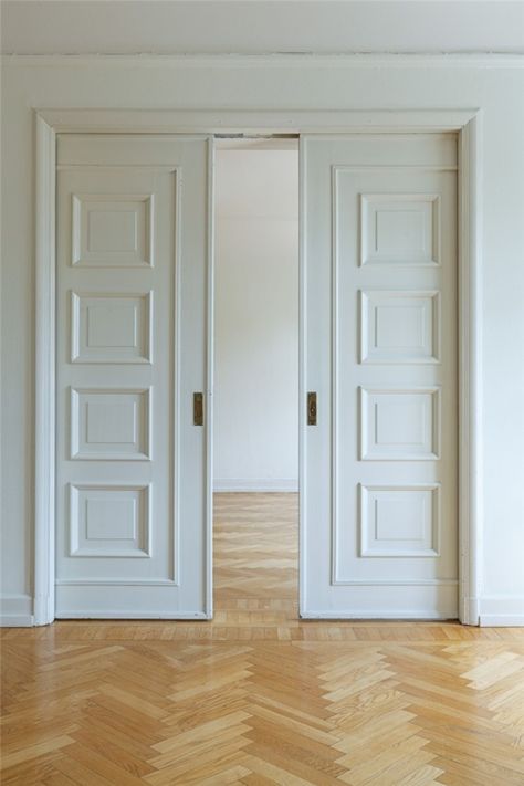 pocket doors Double Pocket Doors, Big Doors, Sliding Pocket Doors, Double Sliding Doors, Sliding Doors Interior, Empty Room, White Doors, Plywood Furniture, Bedroom Doors