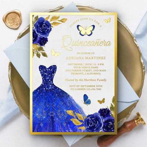 $ 3.95 | Royal Blue Floral Dress Butterfly Quinceanera Gold - floral quinceanera, shiny luxury glam girly chic, modern elegant cute stylish fancy, magical fairytale princess, botanical watercolor flowers roses, fifteen 15th birthday party, mis quince anos mexican latina, gown dress, bright Royal Blue Floral Dress, Quinceañera Invitations, Invitations Quinceanera, Butterfly Invitations, Dress Butterfly, Rose Gold Invitations, Gold Foil Invitation, Sweet Sixteen Invitations, Sage Wedding