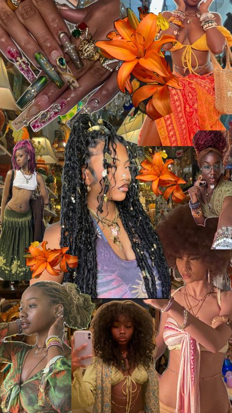 earthystyle earthyblackgirls green orange braids blackwomen aesthetic Boho Braids Outfit, Earthy Rnb Aesthetic, Earthy Girls Aesthetics, Earthy Outfits Summer Boho, Earthly Girl Aesthetic, Earthy Baddie Aesthetic, Black Earthy Girl Aesthetic, Orange Outfits For Black Women, Boho Black Women Aesthetic