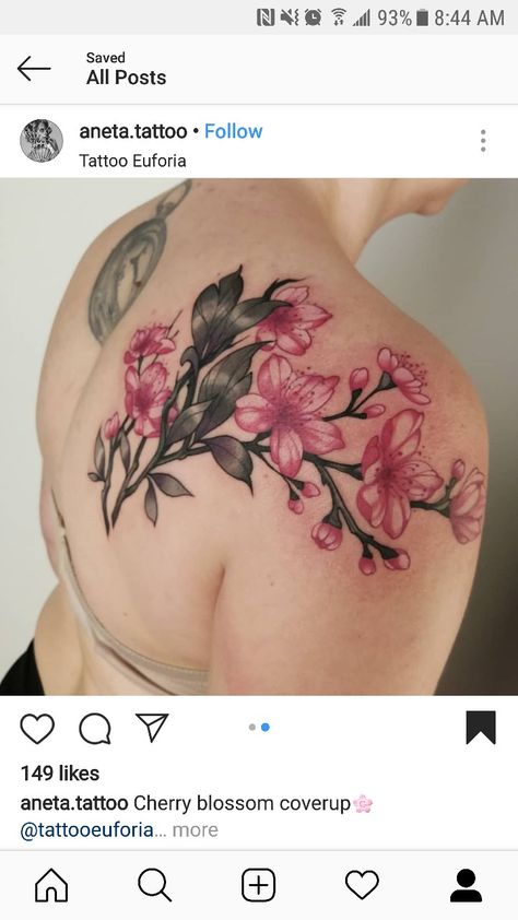 Cherry Blossom Cover Up Tattoo, Shoulder Tattoo Cherry Blossom, Red And Black Cherry Blossom Tattoo, Cherry Blossom Tattoo On Back Shoulder, Cherry Blossom Stomach Tattoo, Cherry Blossom Tattoo Brown Skin, Blossom Tree Tattoo, Cover Up Tattoo, Tree Tattoo