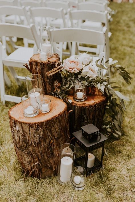 Outdoor Wedding Woods Forests, Wood Pieces For Wedding, Boho Bush Wedding, Woodsy Wedding Inspiration, Wedding Reception Woods, Fall Nature Wedding Ideas, Wooden Stumps Wedding Ceremony, Forest Aisle Wedding, Forest Backyard Wedding