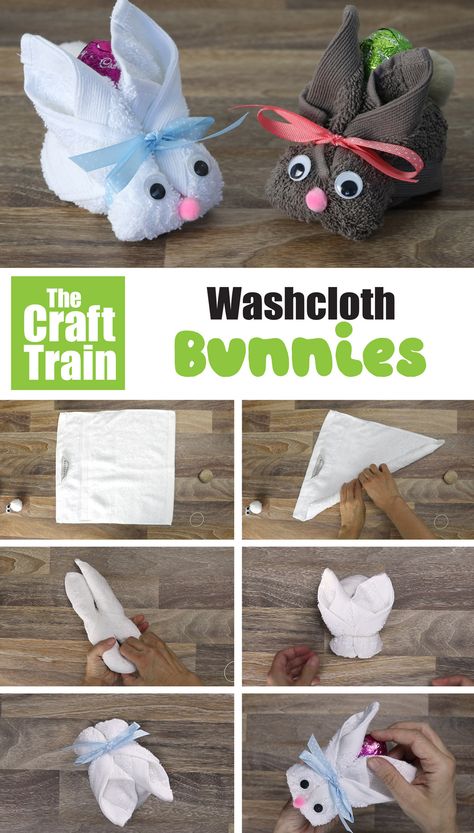 Bunnies made from washcloths with step by step photos Washcloth Bunny, Easter Bunny Craft, Washcloth Animals, Washcloth Crafts, Creative Easter Baskets, Bunny Craft, Easter Crafts For Adults, Towel Animals, Diy Easter Gifts