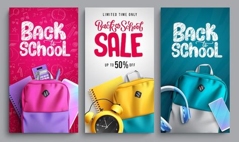 Premium Vector | Back to school vector poster set design back to school text with sale educational items of bags Back To School Poster Design, School Poster Design, Back To School Vector, Back To School Poster, Poster Design Ideas, School Vector, Back School, School Car, School Poster