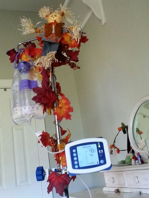 Get in the spirit of fall with you and your IV pole my wrapping a leaf garland and a scare crow! Iv Pole Decorations, Iv Pole Decorations Ideas, Feeding Tube Aesthetic, Tube Aesthetic, Feeding Tube Awareness, Medical Room, Enteral Feeding, Assistive Technology Devices, Peg Tube