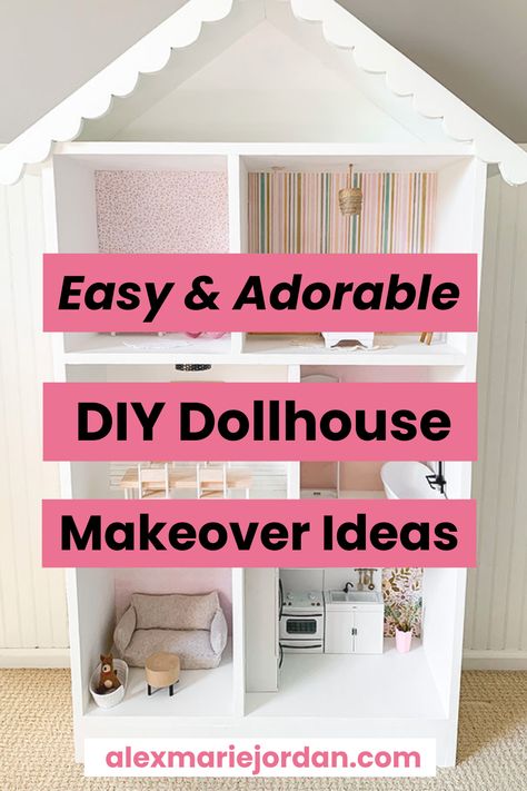 Easy DIY project idea to makeover a dollhouse. This DIY toys idea is something fun you and your child can do together. A simple diy dollhouse ideas with miniature furniture, wallpaper, and how to make a diy dollhouse easily! Diy Dollhouse Shelf, Dollhouse Repurpose Ideas, Bookcase Dollhouse Diy, Diy Barbie House Cube Shelf, Easy Doll House Diy, Dresser Dollhouse Diy, Dollhouse Diy Ideas Projects, Barbie Doll House Furniture Diy, Kidkraft Dollhouse Makeover