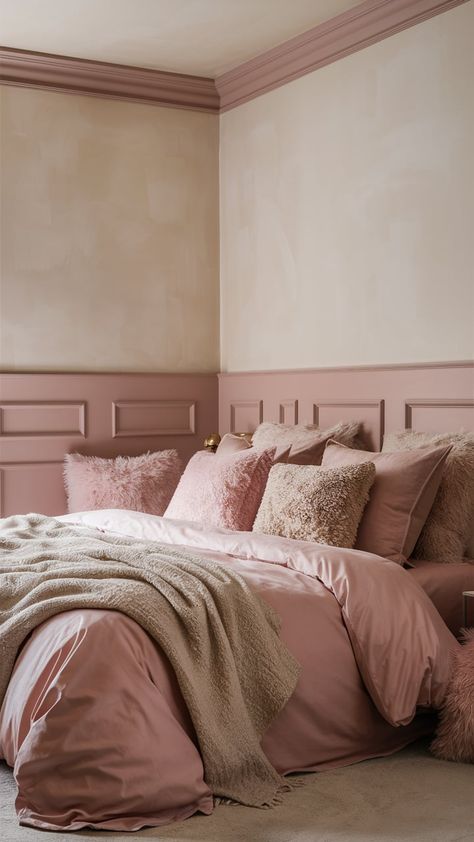 A cozy bedroom with soft pink and beige bedding, layered pillows, and light wooden furniture, creating a calm and inviting atmosphere Pink Color Schemes Bedroom, Color Scheme Bedroom, Pink And Beige Bedroom, Light Pink Bedding, Pink Bookshelves, Dusty Pink Bedroom, Pink Nightstands, Rose Bedroom, Pink Velvet Chair