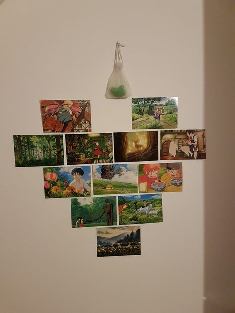 I tried decorating my wall with these cute postcards 🙂 Wall Decor Kawaii, Hanging Postcards On Wall, Ghibli Postcard Wall, Studio Ghibli Postcard Wall, Handmade Poster Ideas, Studio Ghibli Postcard, Ghibli Postcard, Study Ghibli, Postcard Wall Decor