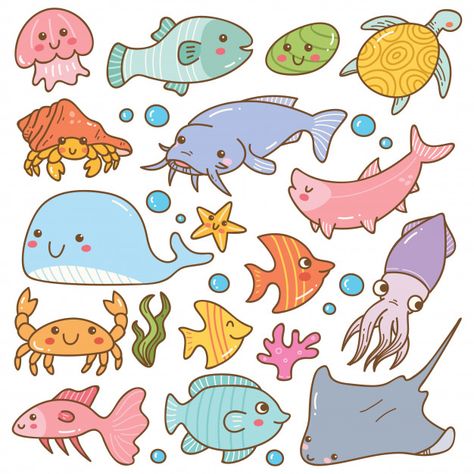 Set of sea animal kawaii doodles Premium Vector | Premium Vector #Freepik #vector # # # # Ocean Animal Doodles, Ocean Doodles, Kawaii Fish, Doodles Kawaii, Theme Drawing, Easy Cartoon, Animal Pins, Animal Doodles, Tutorials Drawing