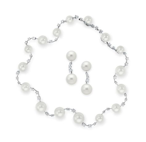 A SET OF CULTURED PEARL AND DIAMOND JEWELRY, BY TIFFANY & CO. | Christie's Pearl And Diamond Jewelry, Cultured Pearls, Tiffany & Co., Black Suede, Diamond Jewelry, Diamond Cuts, Platinum, Band