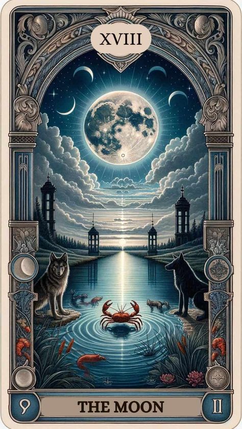 The Moon Tarot Card Meaning Tarot Cards Art Illustration, The Moon Tarot Card, Tarot Significado, The Moon Tarot, Major Arcana Cards, Love Tarot Reading, Tarot Book, Online Tarot, Tarot Major Arcana