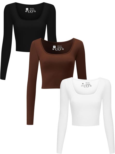 PRICES MAY VARY. 95% Polyester, 5% Spandex Imported Pull On closure Hand Wash or Machine Wash Square Neck Long Sleeve Crop Tops Set: you will get 3 packs seamless long sleeve crop tops which designed with square neckline; You can use them as workout crop tops, yoga tops, cheerleader costume, gym crop tops, etc. Trendy and simple design can better show your figure. Stretchable and Solid Color Design: our women crop tops are soft and stretchy. Super comfy and light weight but not too sheer. Breath Women Workout Gym, Tops Square Neck, Crop Top With Sleeves, Crop Tops Long Sleeve, Spandex Crop Top, Gym Crop Top, Cheerleader Costume, Trendy Crop Tops, Lazy Day Outfit