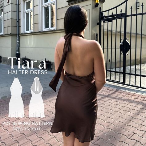 I’m so excited to share my latest sewing pattern with you – the Tiara Dress! ✨ This Halter Mini Dress is perfect for those sunny days and fun nights out. It has a stunning open back and a cute tie at the neck, giving you that effortlessly chic vibe. 💃 The dress is lined on the bodice and has no zipper, making it super easy to slip on and off. The pattern comes in sizes XS-XXXL, with step-by-step instructions and real photos to make it much easier to create. Can’t wait to see your creations... Halter Dress Sewing Pattern, Halter Neck Dress Pattern, Halter Satin Dress, Sewing Things, Clothes Sewing, Halter Mini Dress, Dress Sewing Pattern, Halterneck Dress, Pdf Sewing Patterns