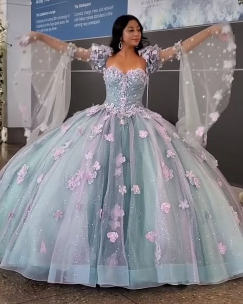 Blue Pink And Purple Quince Dress, Multicolored Quinceanera Dresses, Ariel Sweet 16, Fairytale Quince Dress, Ocean Quinceanera Dresses, Quince Dresses Pastel, Blue And Pink Quince Dress, Quinceanera Dresses Pastel, Purple And Blue Quinceanera Dresses