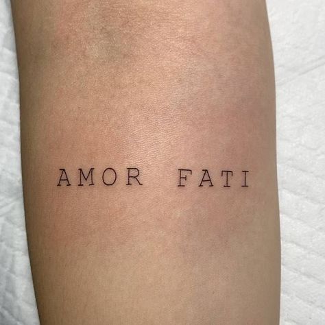 Amor Tatoos Word, Latin Font Tattoo, Novo Amor Tattoo, Type Writing Tattoo, Amor Fati Tattoo Men, Amore Fati Tattoo, Amor Fati Quote, Amor Fati Tattoo Fonts, Latin Tattoo For Men