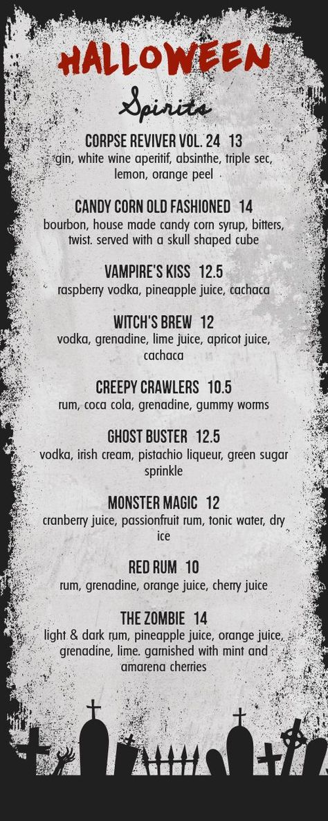 Graveyard Halloween Half Page Menu Halloween Food Menu, Pumpkin Menu, Halloween Party Menu, Holiday Dinner Menu, Graveyard Halloween, Bistro Menu, Halloween Menu, Halloween Bar, Grilling Menu