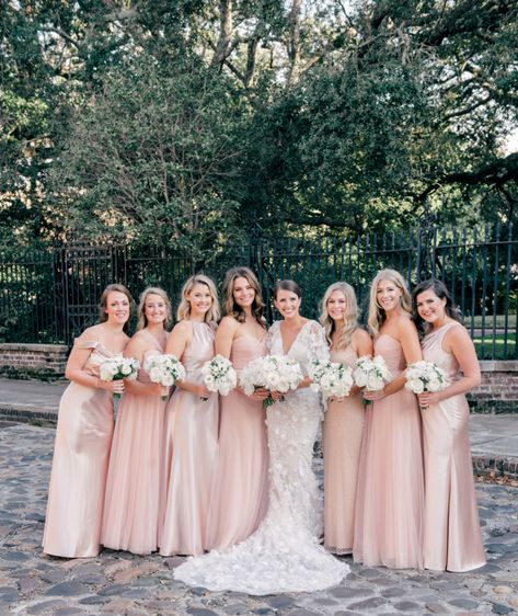 All the Mix-and-Match Bridesmaid Dress Inspiration You Could Ever Want - Over The Moon Bridesmaid Dresses Mixed Fabrics, Mix And Match Champagne Bridesmaids, Mix And Match Pink Bridesmaid Dresses, Satin And Chiffon Bridesmaid Dress Mixed, Pink Mix And Match Bridesmaid Dresses, Horrible Bridesmaid Dresses, Blush Pink Bridesmaid Dresses Mismatched Shades, Mismatched Pink Bridesmaid Dresses, Bridesmaid Dresses Pale Pink