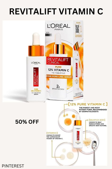 L'Oréal Paris Revitalift Clinical 12% Pure Vitamin C Brightening Serum for Face, Powerful Antioxidant Protection, Brighter & Smoother Skin, includes Hyaluronic Acid, Salicylic Acid, Vitamin C Vitamin C Brightening Serum, Serum For Face, Smooth Skin Texture, Reduce Pores, Brightening Serum, Smoother Skin, Bright Skin, Face Serum, Salicylic Acid