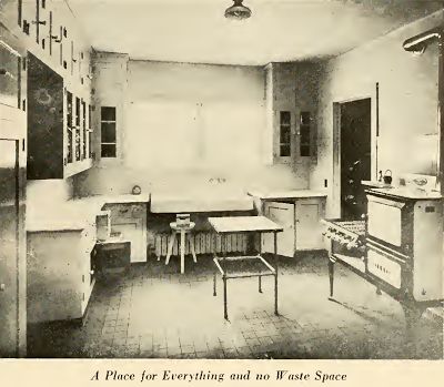 A kitchen with cabinets: A place for everything and no waste space from "Interiors Beautiful" by M.L. Keith, dated 1922. Craftsman Bungalow Kitchen, 1900 Kitchen, 30s Kitchen, Period Books, Kitchen Sketch, Victorian Kitchens, Craftsman Kitchens, 1920s Kitchen, Bungalow Interior