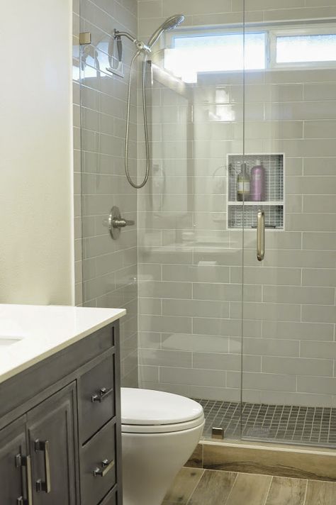 Walk in Shower, Small bathroom with niche and brushed nickel fixtures. looks like 3x12 rectangle tiles on wall. Small Bathroom With Shower, Budget Bathroom Remodel, House Small, Small Bathroom Makeover, Bad Inspiration, Small Bathrooms, Budget Bathroom, Bathroom Redo, Trendy Bathroom