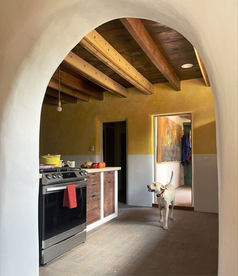 View of the kitchen through the hand carved adobe arch. Chocolate brick floors, diamond finish plaster walls. Yellow pigmented plaster. Merlex super shower finish cabinets with antique wood headboards repurposed into kitche cabinet doors. And rescued Oaxacan street dog. At Casa De Nada in Taos, New Mexico. Brick floors. Adobe Fireplace, Wood Headboards, Brick Floors, Adobe Home, Arch House, Taos New Mexico, Adobe House, Brick Flooring, Wood Headboard