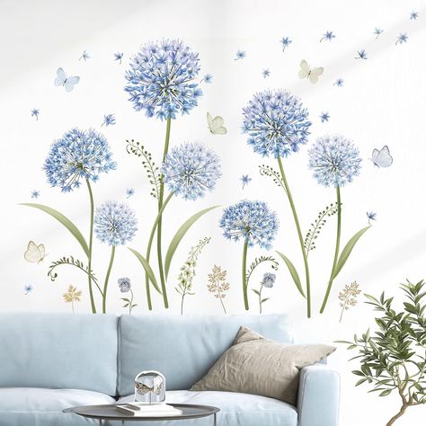 decalmile Blue Dandelion Flower Wall Decals Blooming Floral Butterfly Wall Stickers Bedroom Living Room Sofa TV Background Wall Decor Butterfly Wall Stickers Bedroom, Wall Painting Ideas Bedroom, Tiles Furniture, Modern Wall Stickers, Dandelion Wall Decal, Decorate Bedroom, Floral Wall Decals, Bedroom Wall Paint, Flower Wall Decals