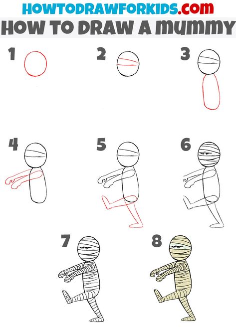 Easy Mummy Drawing, Mummy Cartoon Drawing, How To Draw A Mummy, How To Draw Spooky Things, Mummy Drawing Easy, How To Draw Halloween, Mummy Drawing, Kid Doodles, October Prompts