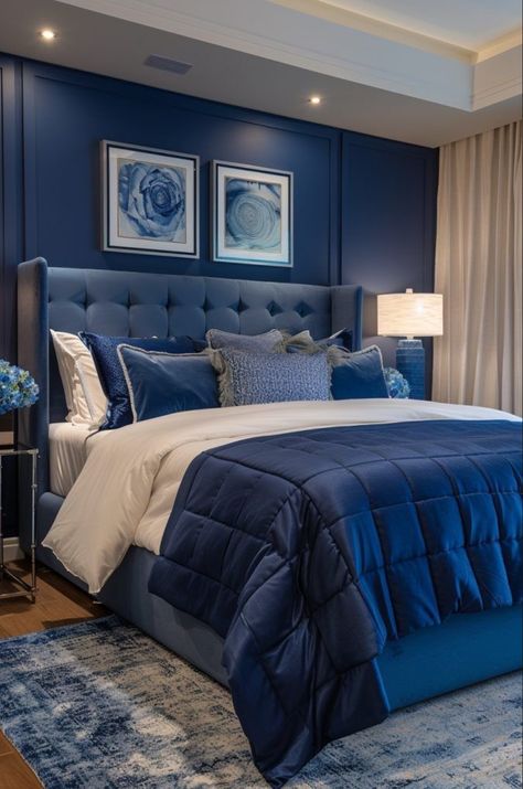 Cobalt Bedroom, Blue Bedroom Ideas For Couples, Uncluttered Bedroom, Royal Blue Bedrooms, Beautiful Bed Designs, Blue Bedroom Ideas, Peaceful Bedroom, Dream Bedroom Inspiration, Minimal Bedroom