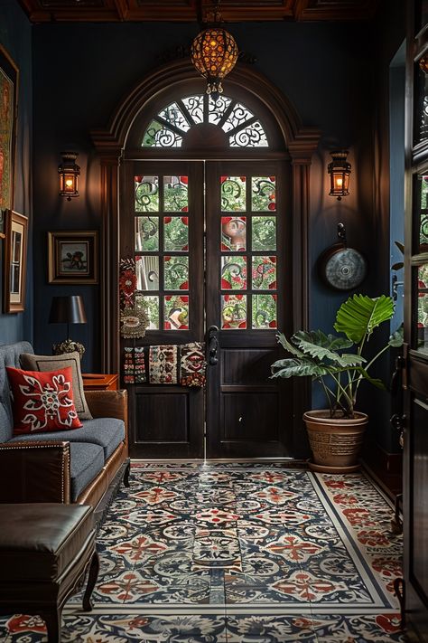 A Adorable Hallway in the Main-Style of Mexican Hacienda with the Dominant Color Gray and with Patterns and Decorations of Embroidery Mexican Victorian, Hacienda Style Homes Mexican, Rustic Wooden Furniture, Dark Boho, Mexican Hacienda, Hacienda Style Homes, Mexican Tiles, Colorful Textiles, Iron Accents