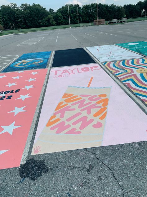 Senior Parking Spot Ideas Girly, Flower Parking Spot Painting, Cute Parking Spot Painting Ideas, Painted Parking Spaces Ideas, Senior Spots, Parking Ideas, Parking Lot Painting, Senior Year Things, Senior Things