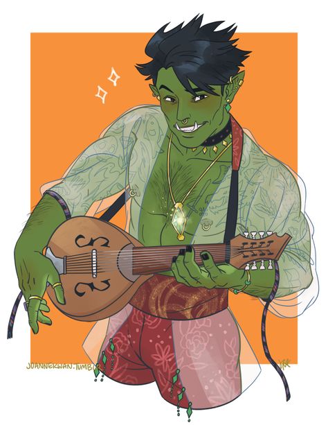 Dnd Half Orc, Orc Bard, Half-orc Male, Dnd Orc, Dnd Bard, Half Orc, Pathfinder Character, Dnd Races, Green Skin