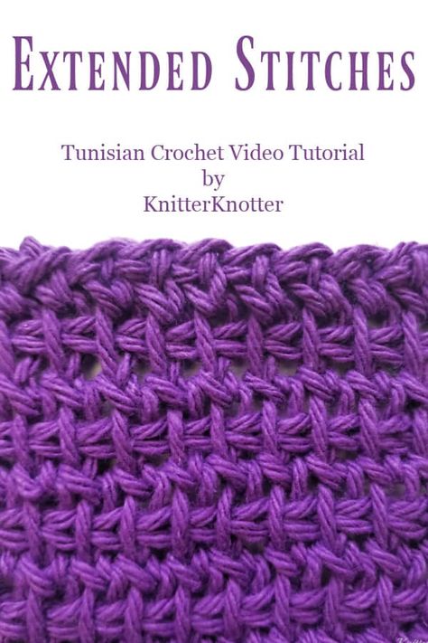 Tunisian Crochet Tutorial - Extended Stitches - KnitterKnotter Tunisian Mesh Stitch, Starting Tunisian Crochet, Left Handed Tunisian Crochet, Ten Stitch Tunisian Crochet Blanket, Tunisian Crochet Smock Stitch, Tunisian Crochet Hook, Tunisian Crochet Patterns, Tunisian Crochet Stitches, Different Stitches