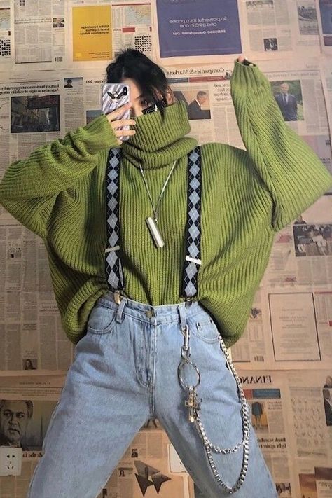 Solid Color Turtleneck Knitted Loose Sweater – Tomscloth Mode Kpop, Loose Sweater, Soft Grunge, 인물 사진, Looks Style, Teen Fashion Outfits, Looks Vintage, Aesthetic Outfits, Cute Casual Outfits