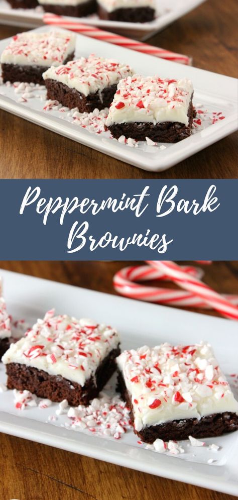 Peppermint bark brownies on a white rectangular serving tray. Peppermint Desserts Easy, Holiday Brownie Recipes, Peppermint Bark Brownies, Peppermint Brownie Bites, Peppermint Brownies Recipe, Holiday Dessert Drinks, Holiday Brownies, Peppermint Dessert, Crushed Peppermint