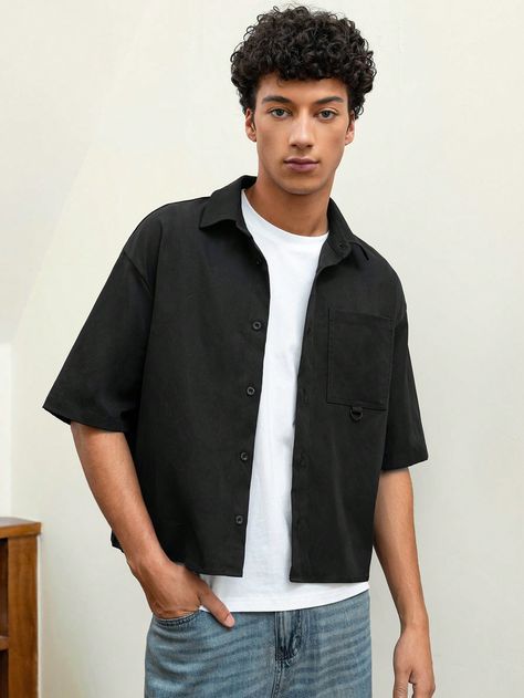 Men's Casual Loose Fit Short Sleeve Woven Black Shirt Black Casual  Short Sleeve Woven Fabric Plain Shirt Non-Stretch  Men Clothing, size features are:Bust: ,Length: ,Sleeve Length: Black Relaxed Fit Short Sleeve Shirt For Streetwear, Black Button Up Shirt Outfit Men Streetwear, Black Short Sleeve Techwear Shirt, Short Sleeve Black Button Up Men, Black Short Sleeve T-shirt For Streetwear, Outfits Hombre, Men Shirts, Plain Shirt, Casual Stripes