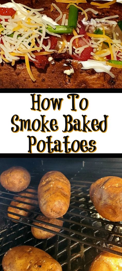 Smoke Baked Potatoes are the perfect way to make a classic with a new twist! Throw them on the smoker and avoid heating up the house for a tasty side dish.  Load them up for the perfect loaded baked potato! #smokedfoods #bakedpotato #loadedpotato #sidedish Baked Potatoes On The Smoker, Smoker Side Dishes, Smoker Sides Dishes, Smoked Potato Salad, Wood Pellet Grill Recipes, Smoker Grill Recipes, Smoked Baked Potatoes, Summer Dinner Recipes Grill, Smoker Recipes Electric