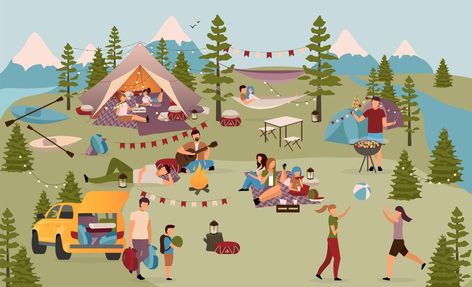 Illustration Friends, Japanese Poster Design, Camping Photography, Flat Vector Illustration, Family Camping Trip, Japanese Poster, Flat Vector, Family Camping, Deco Mesh Wreaths